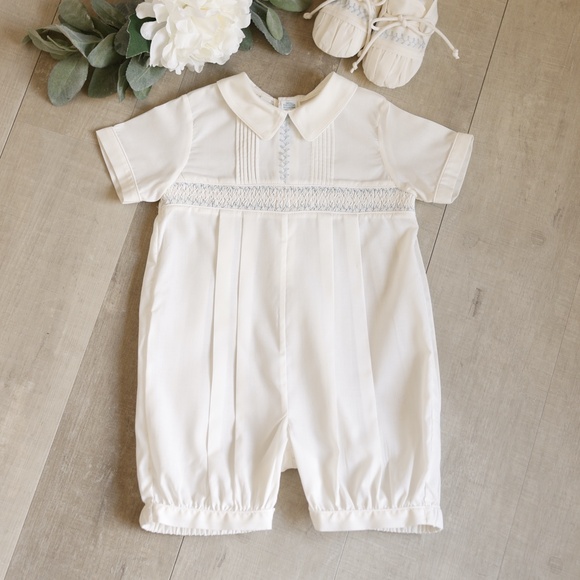 Boys Vintage Smocked Romper Ivory and Blue Feltman Brother 3 Months NWT
